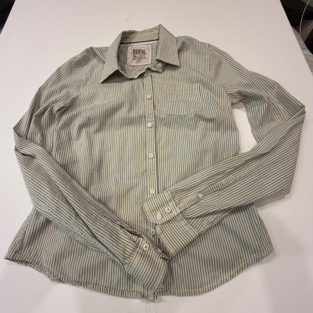 Ruehl No. 925 Greenwich St Striped Button Down Shirt Navy Lime Green Cotton L